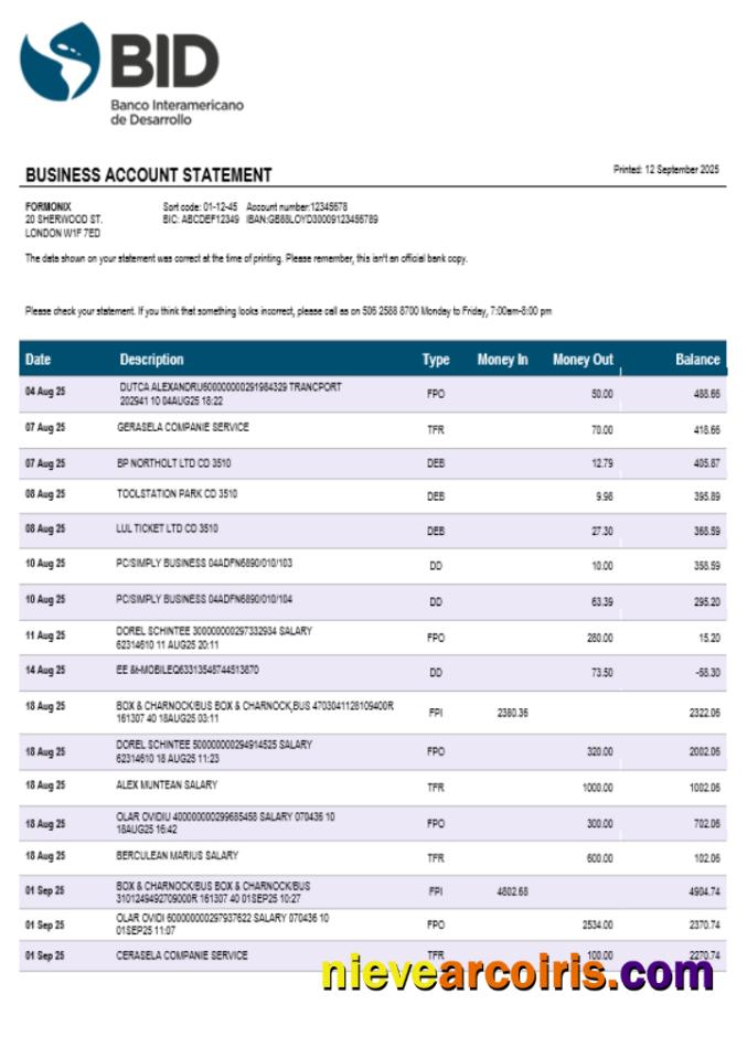 Ecuador Banco Interamericano de Desarrollo (BID) firm account statement Word  and PDF format